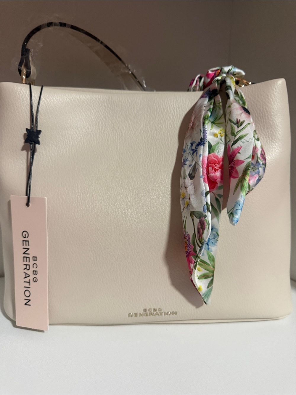 BCBGeneration Cream Shoulder Tote with Floral Scarf Accent